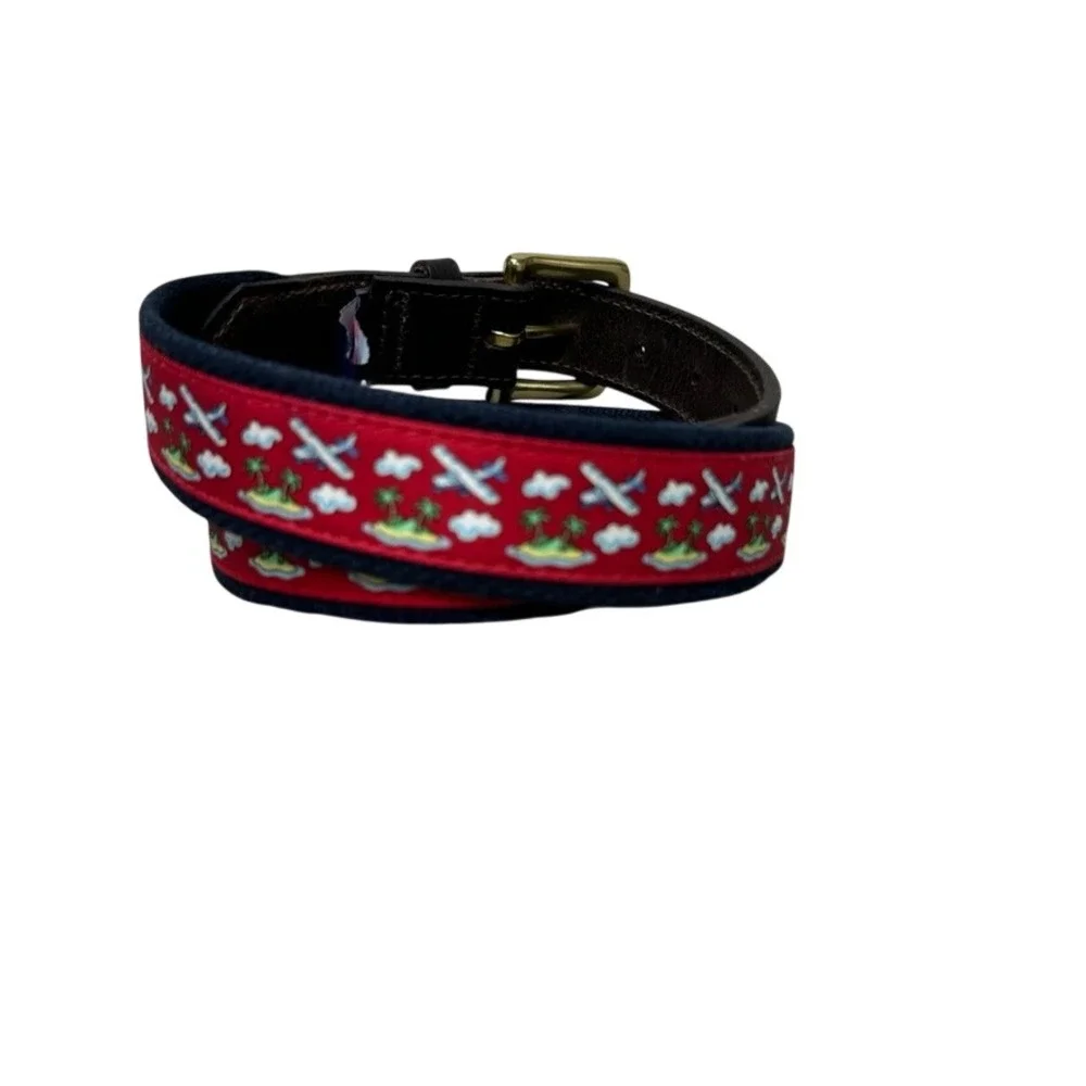 Vineyard Vines Mens 32 Canvas Club Belt Red Island Airplane Navy Leather Brass